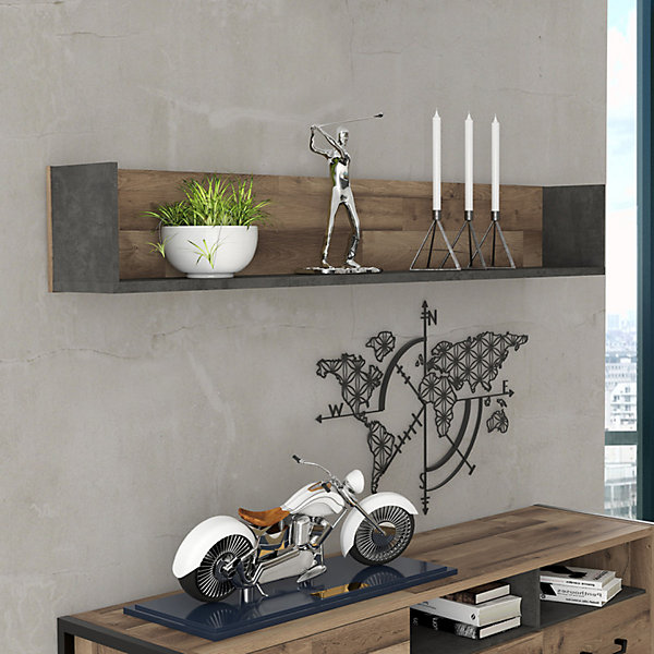 Etagère murale 170 cm décor bois recyclé et béton gris - APACHE