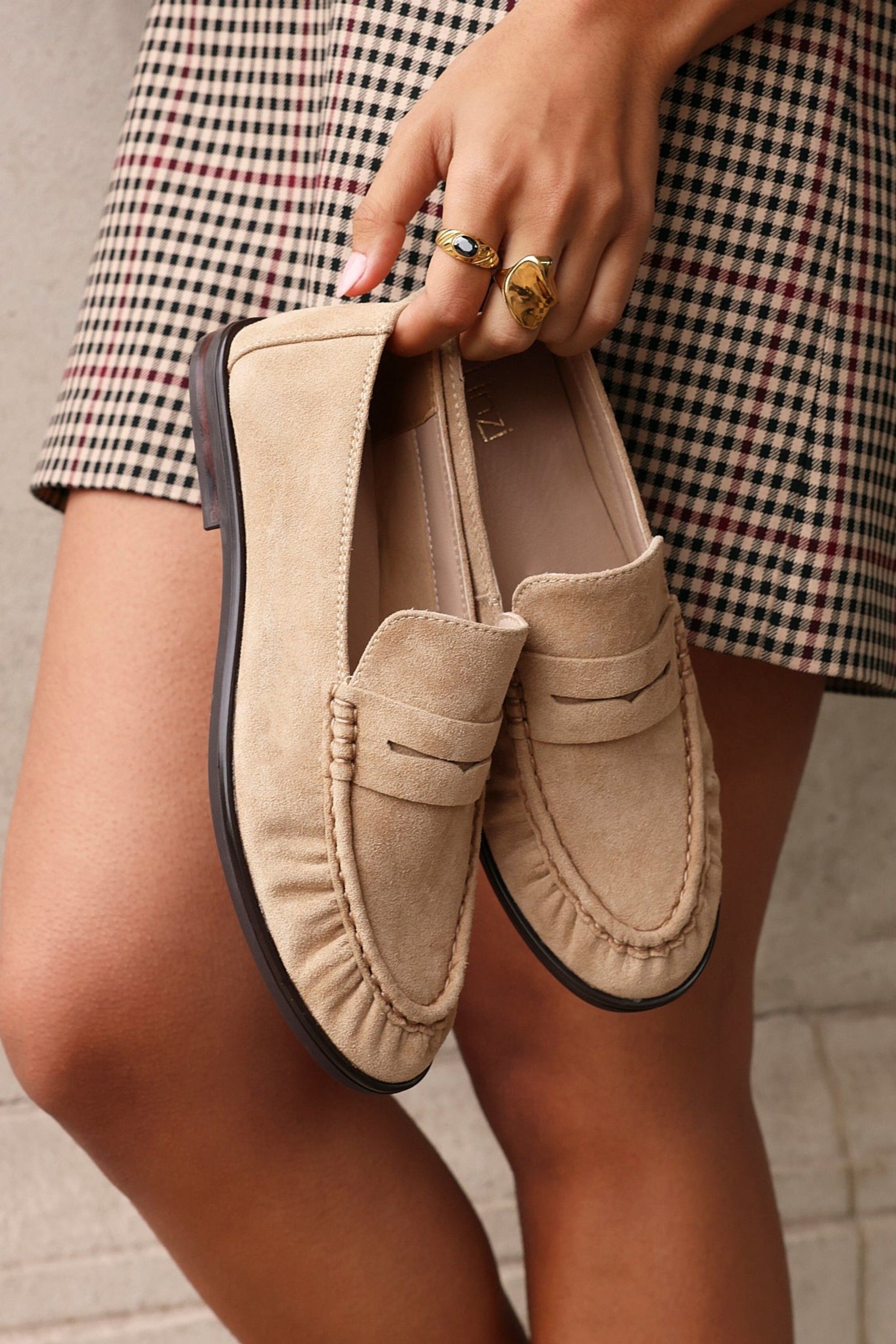 Linzi Belmont Beige Suede Leather Ruched Loafer
