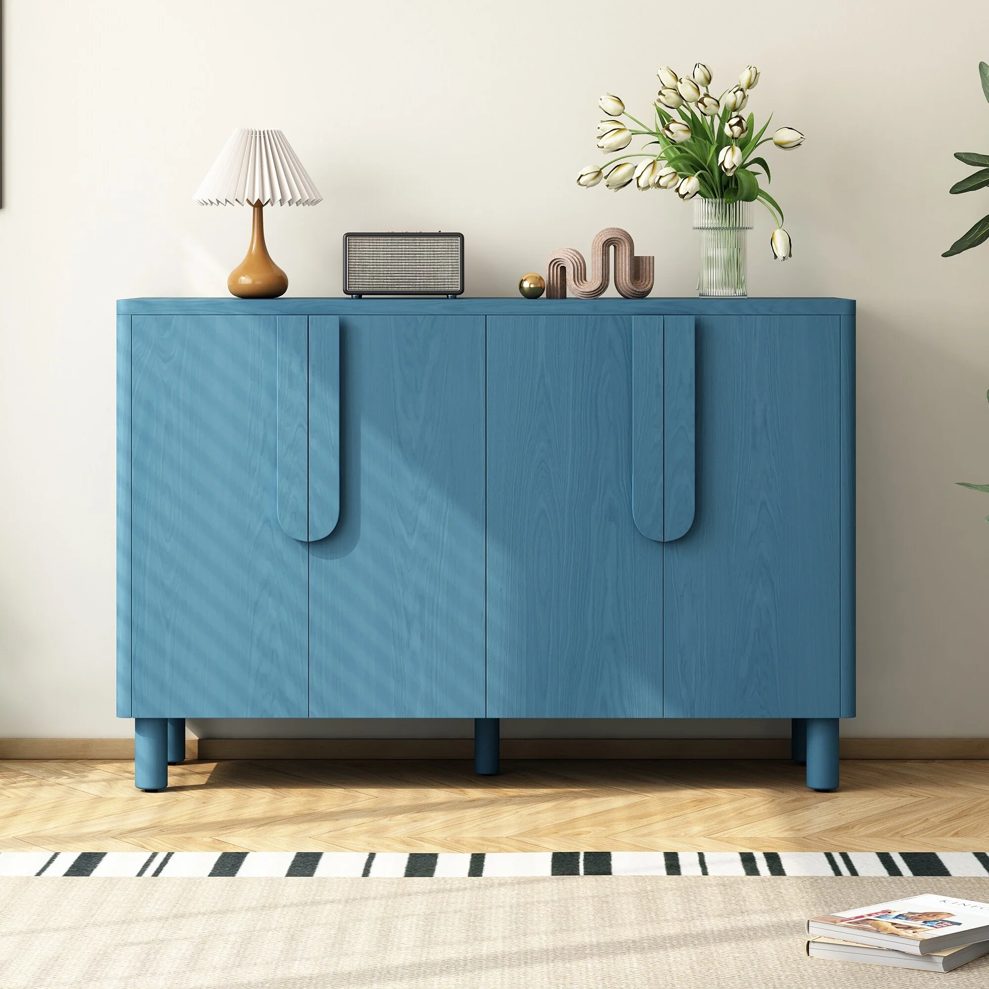 4-Door Buffet Cabinet with Storage, Wood Sideboard Cabinet with Unique Arc Handles and Adjustable Shelves