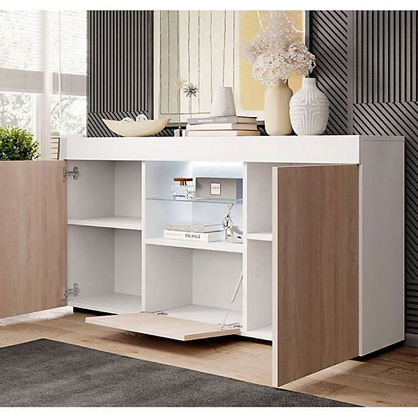 Bahut bas contemporain - Mélamine mate, LED - Blanc/Sonoma - 3 portes - L135xH73xP34 cm