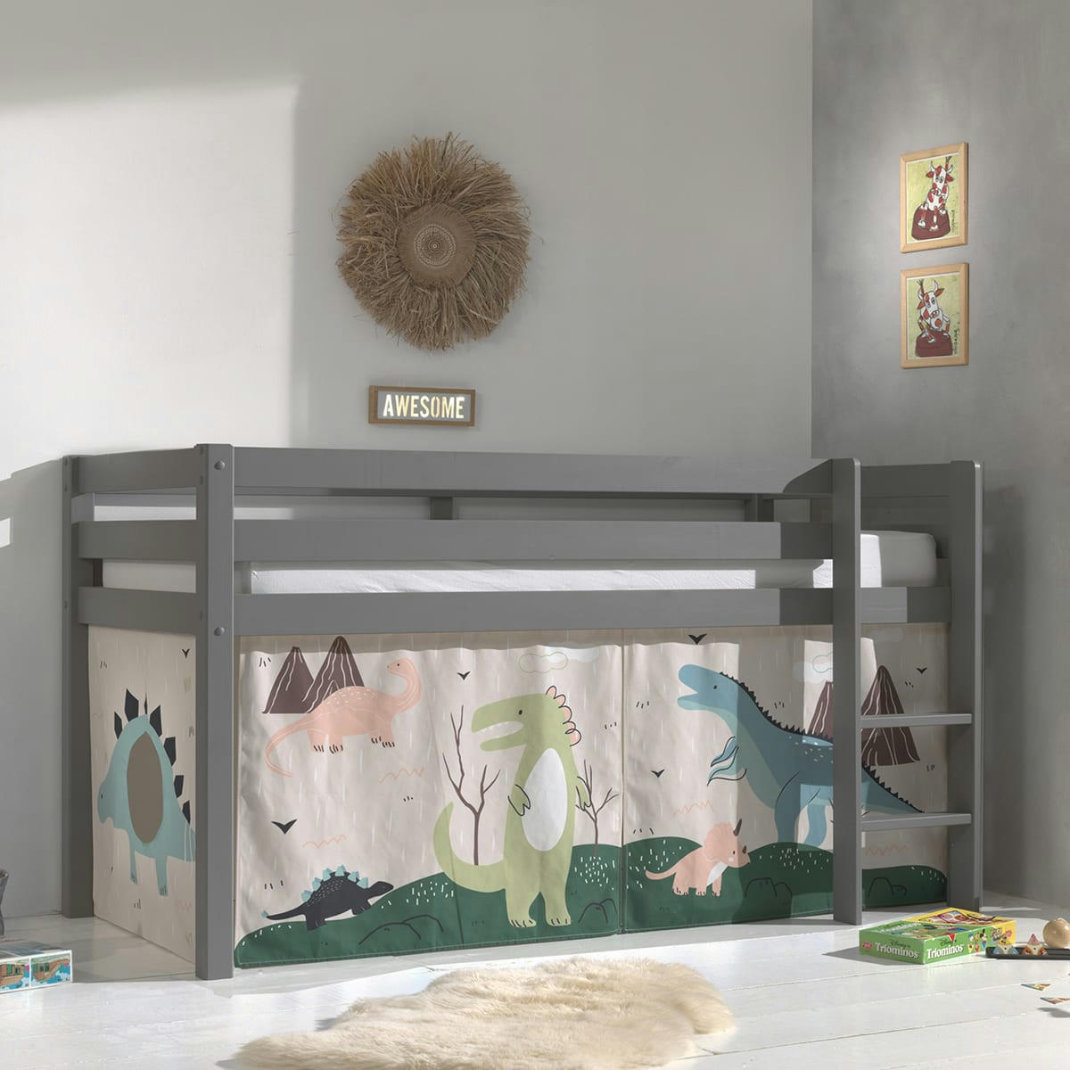PINO - Lit mi-hauteur 90x200 sommier inclus housse dino gris