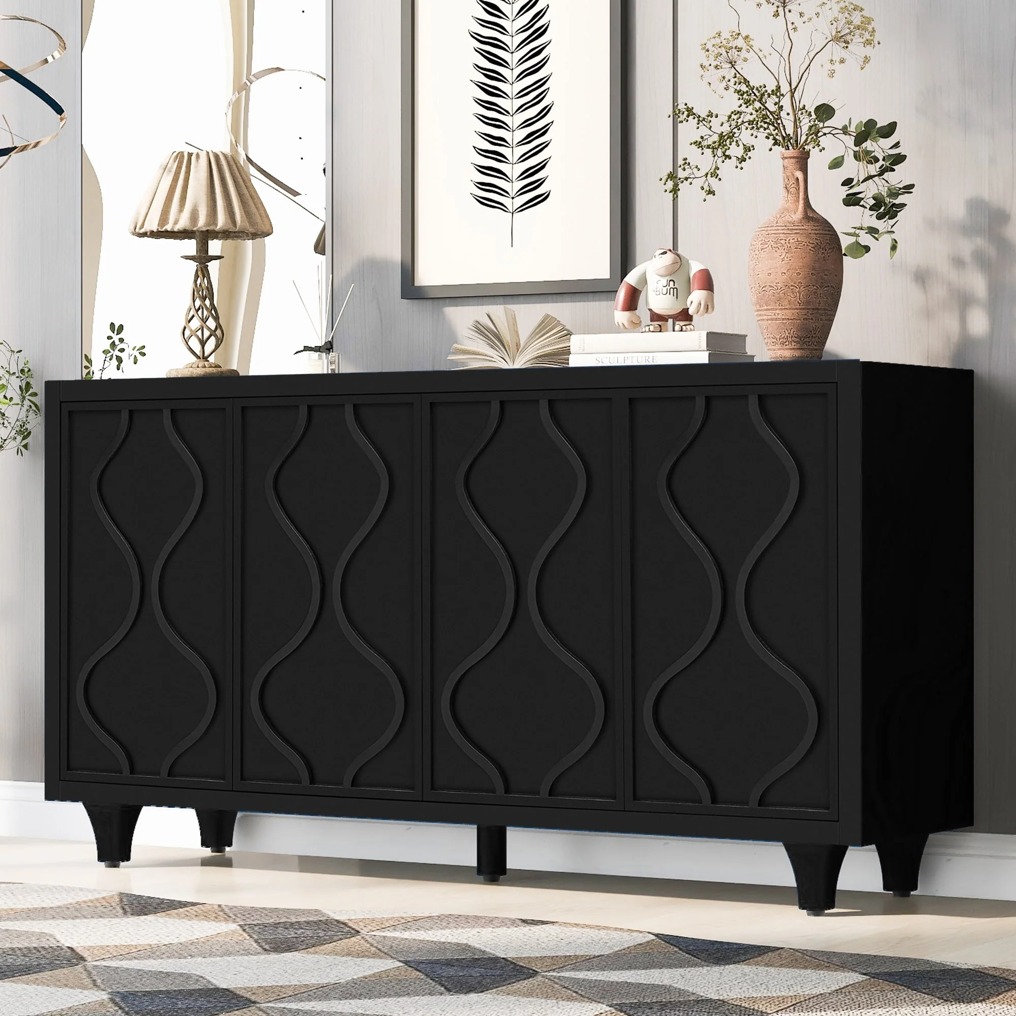 Storage Cabinet Sideboard Wooden Cabinet with Embossed Curved Doors,Suitable for Living Rooms, Entrance and Study Rooms