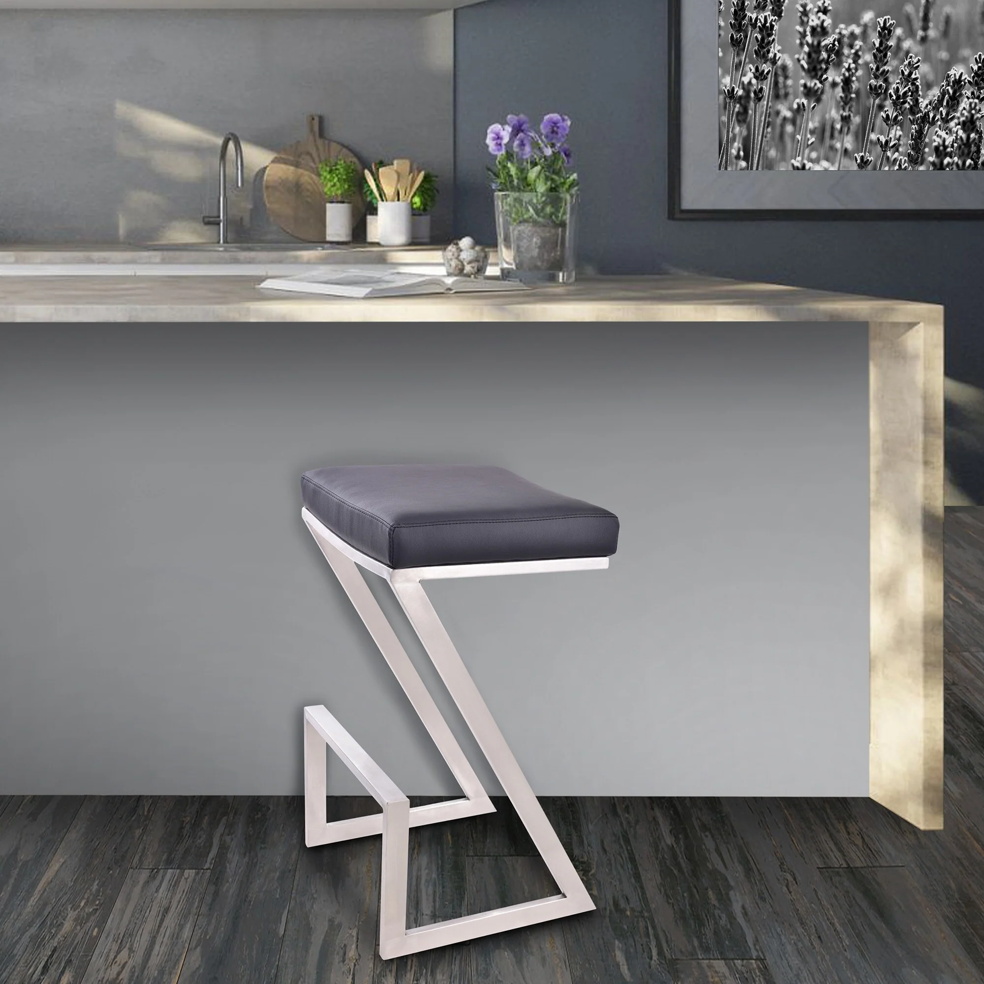 26 Contempo Black Faux Leather and Stainless Backless Bar Stool
