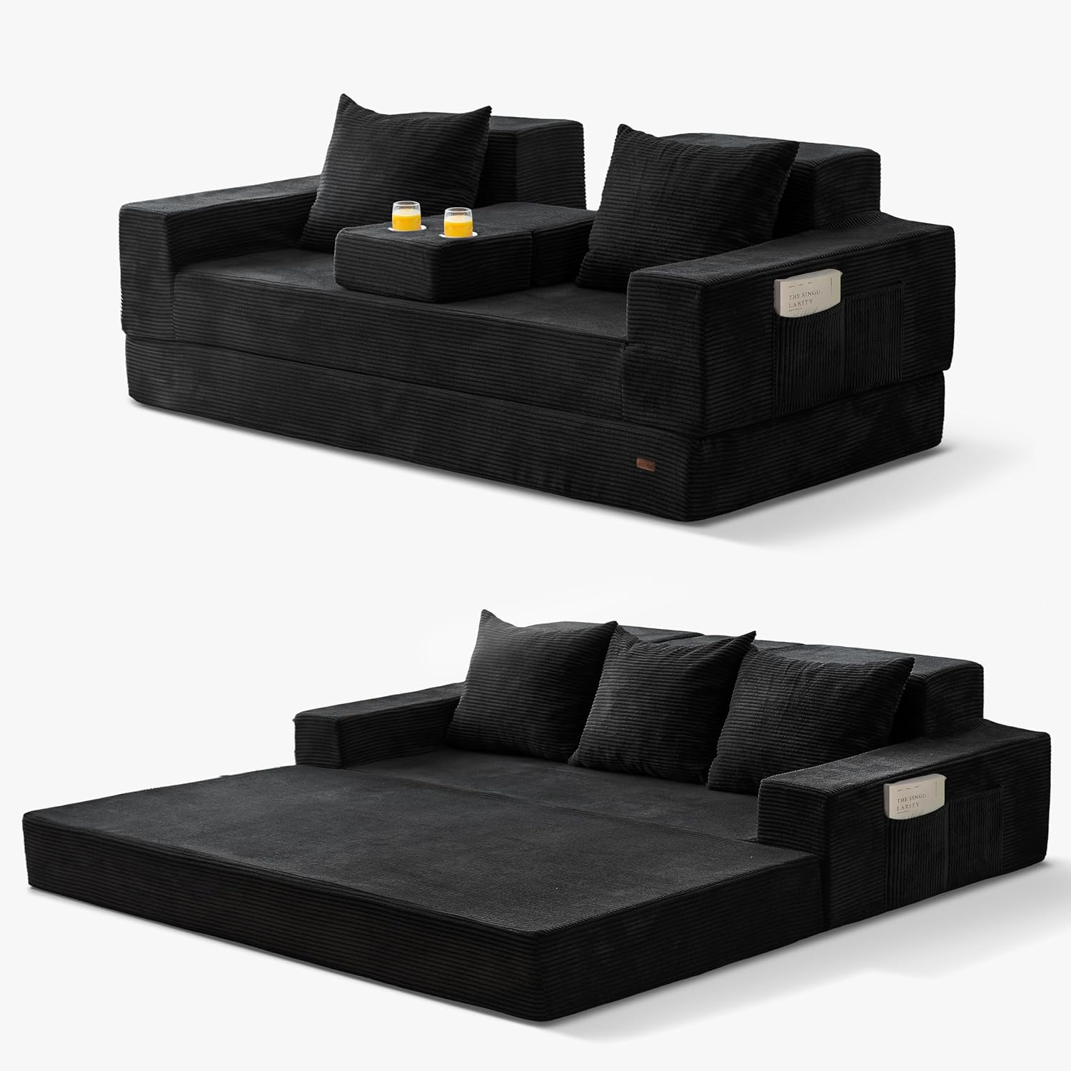 MAXYOYO Convertible Sofa Bed, 80 Oversized Boneless Loveseat Couch 4 in 1 Foldable Floor Sofa Couch in A Box with 2 Cup Holders, Folding Sleeper Chair for Living Room, No Assembly Required, Black