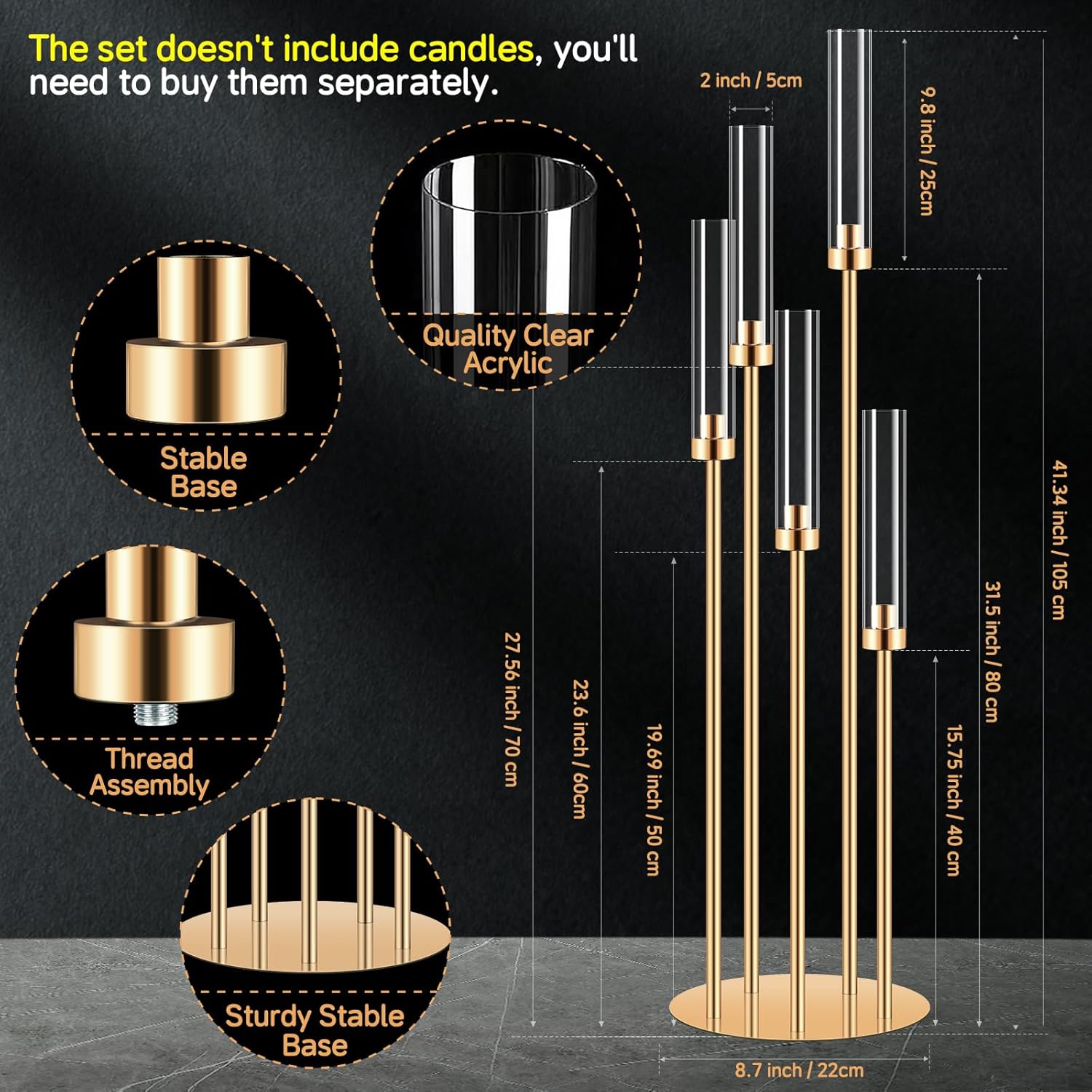 10 Set 5 Arm Golden Candle Holder with Acrylic Lampshade, 41.3'' Tall Candlesticks Holder for Christmas Wedding Housewarming Gift,Metal Candle Holders Candlestick Centerpiece,Fit 0.87'' LED Candle