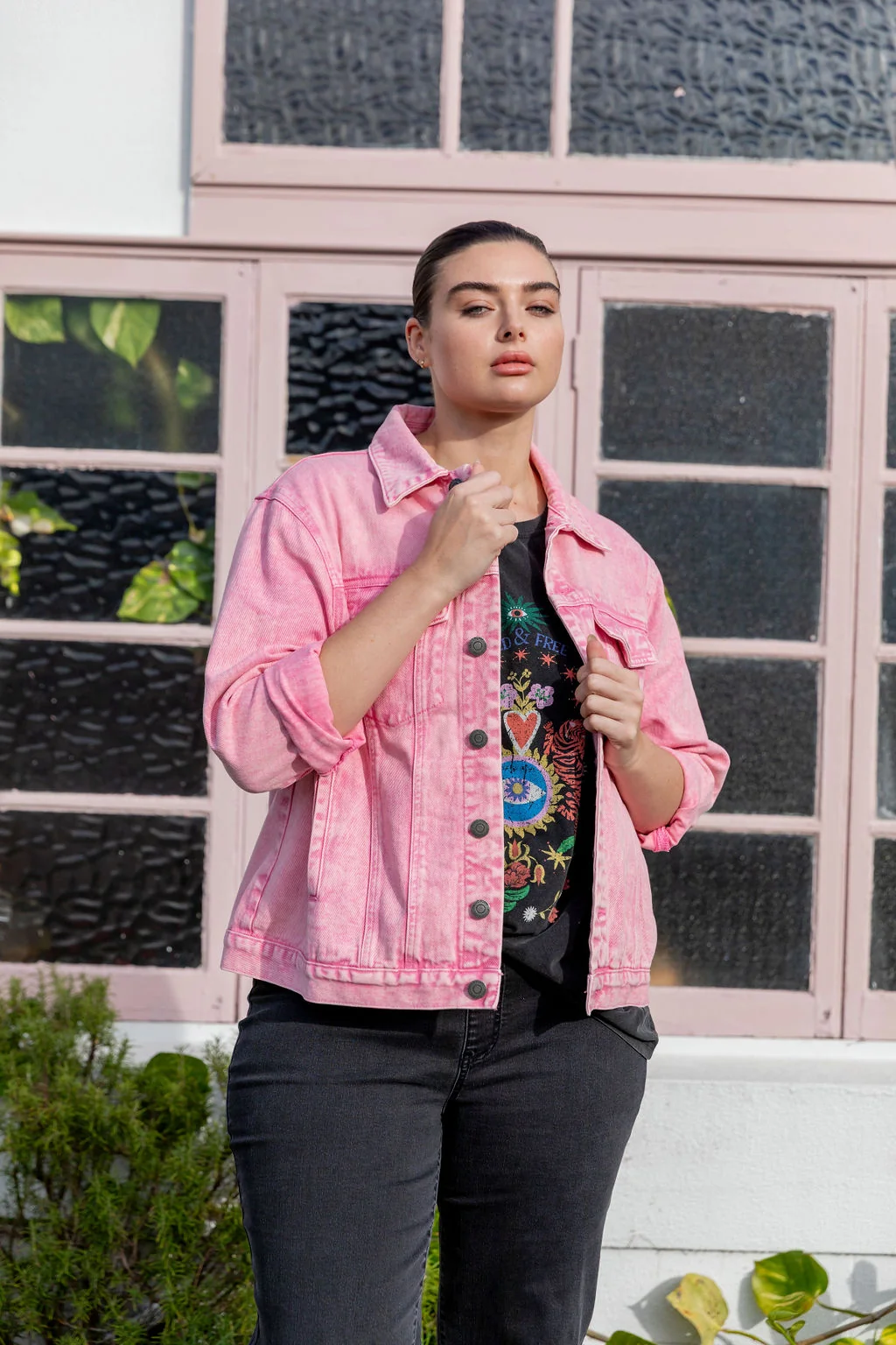 Hayden Boyfriend Denim Jacket in Pink Wash