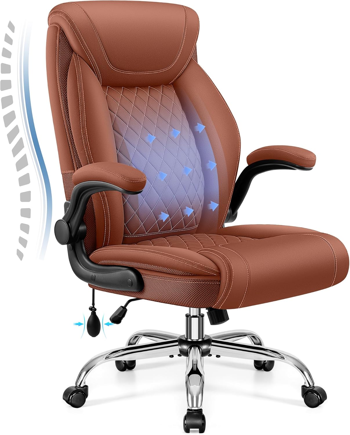 Office Chair, Big and Tall Ergonomic Desk Chair, Executive Leather Computer Chair with Adjustable Lumbar Support, Comfy Gaming Chair with Flip Up Arms, Swivel PC Chair with Rocking Function, Brown