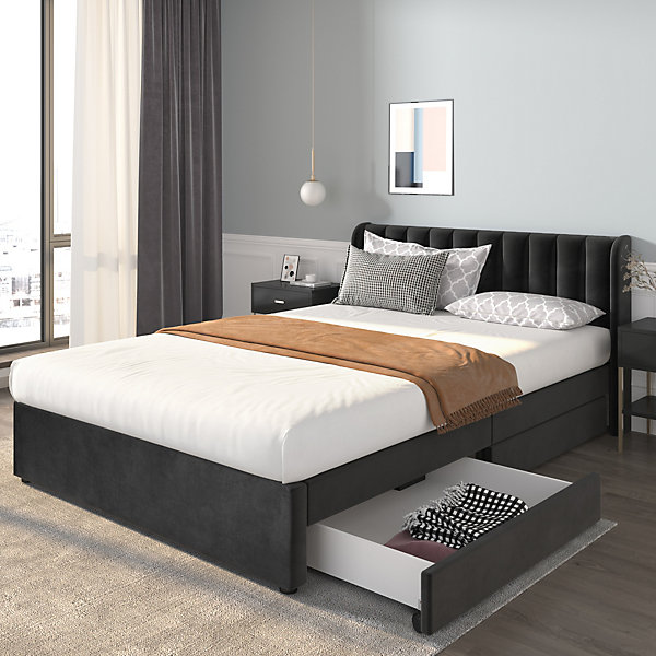 Lit avec Rangements 160x200, Lit Double Capitonné en Velours Noir avec 2 Tiroirs