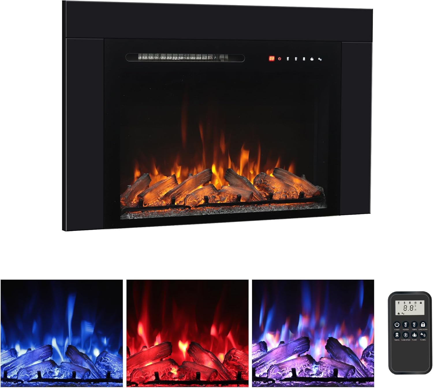 28 Inches Electric Fireplace Insert with Trim Kit, Wall Mounted & Recessed Electric Fireplace Inserts with 8 Flame Colors, Remote Control, 6 Levels Brightness, 9H Timer, Black, 1500W/750W