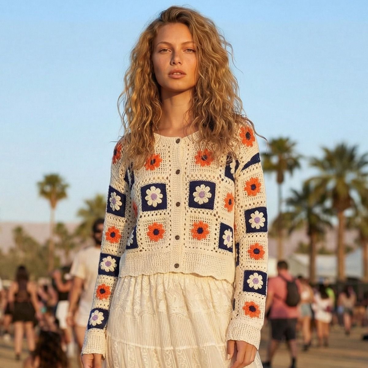 PEACH ACCESSORIES Crochet Daisy Knit Square Cardigan