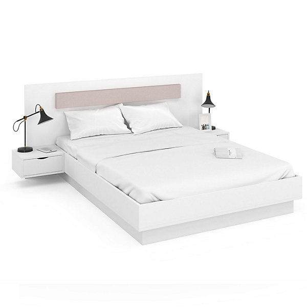 Lit double SANTA avec tête de lit   tables de chevet intégrées et sommier 140 x 190 cm blanc