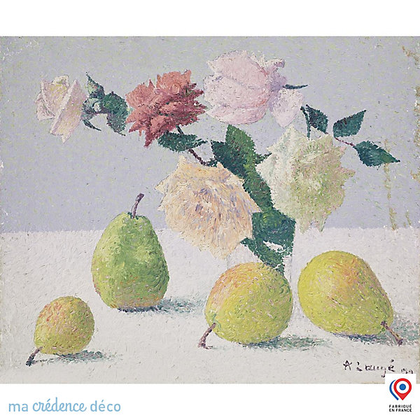 Crédence cuisine fond de hotte Achille Laugé, fleurs et poires - Verre trempé - L 60 cm x H 45 cm - MaCrédenceDéco