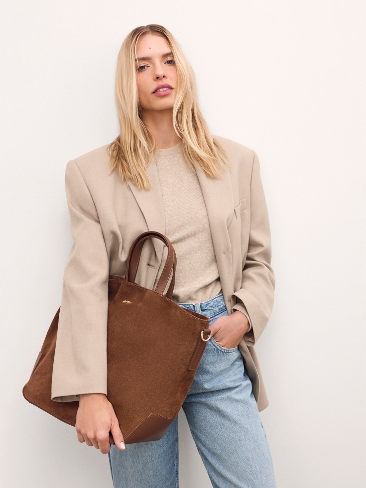 Large suede handbag in brown color
