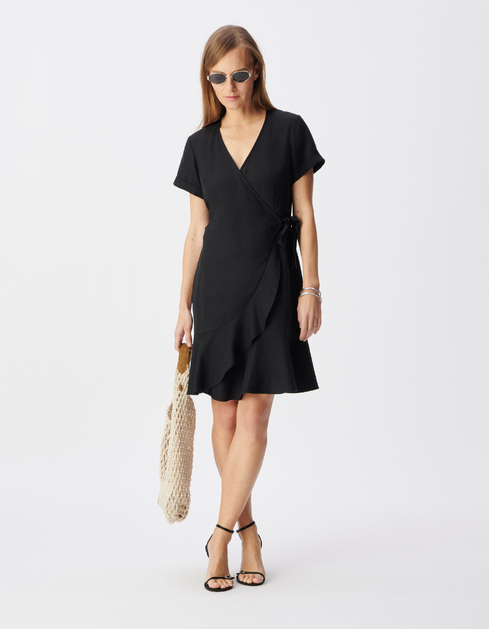 Robe courte noire forme portefeuille Femme