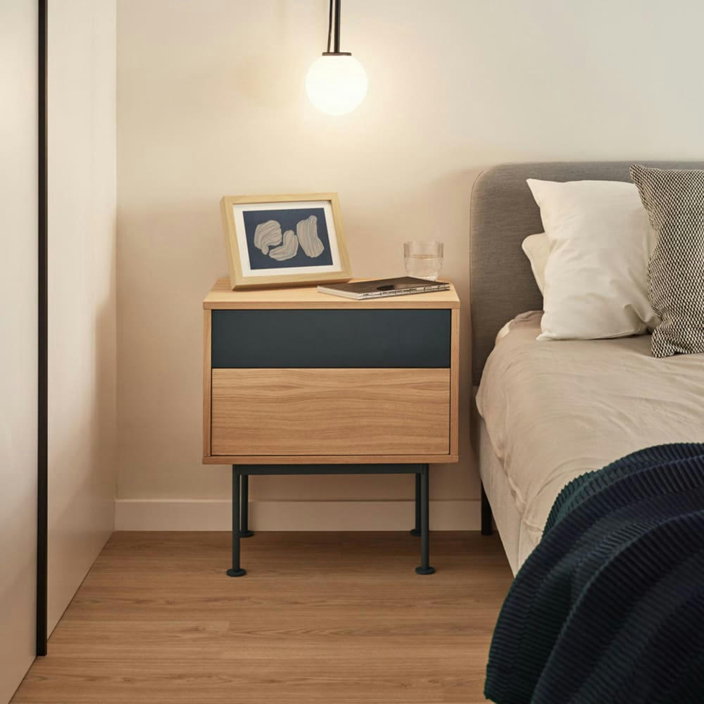 YOKO - Table de chevet 2 tiroirs en bois et métal gris anthracite