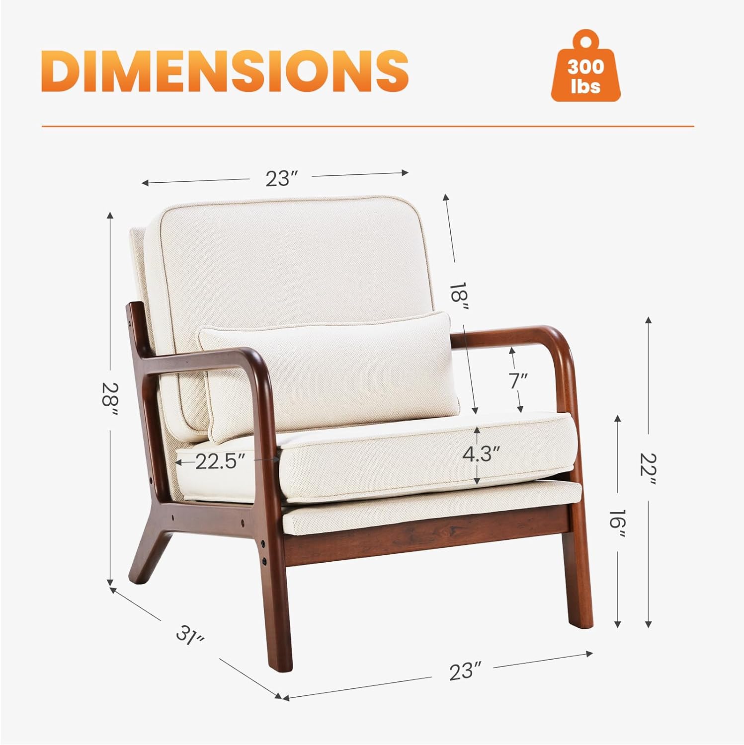 DUMOS Mid Century Modern Chair, Accent Chair with Arms and Waist Cushion, Reading Chairs for Adults, Lounge Chair for Living Room and Bedroom, Solid Wooden Frame, Ivory White