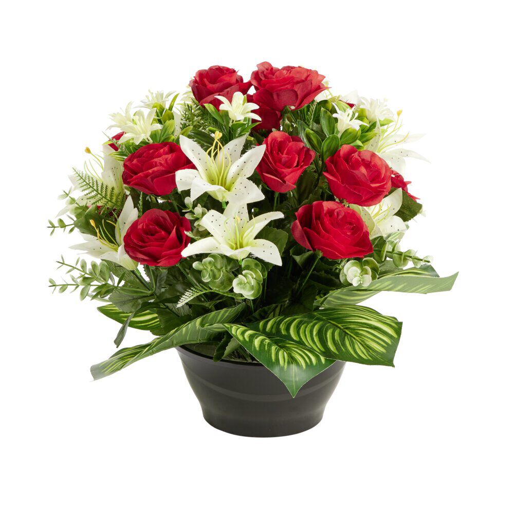 Composition florale artificielle roses rouges lys eucalyptus vasque Ø38xH35cm