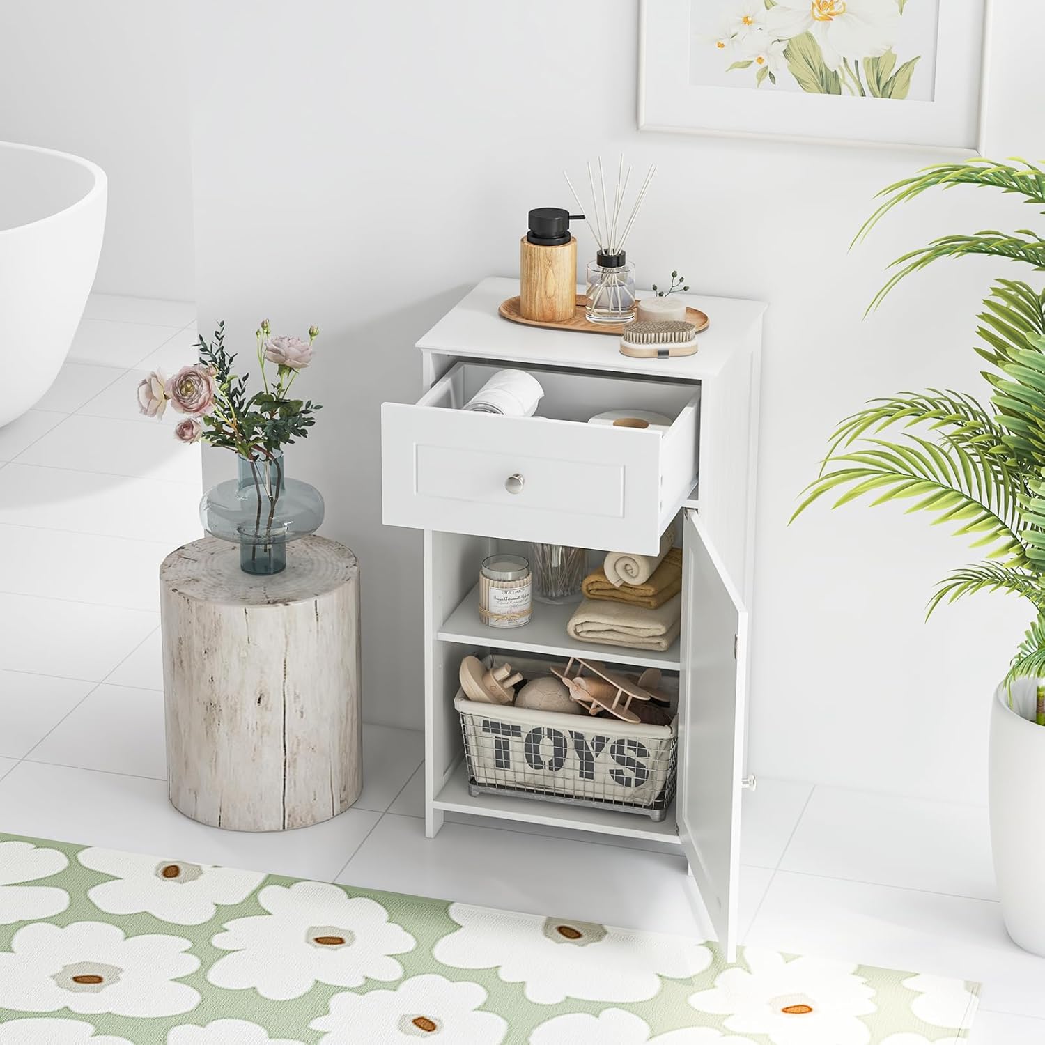 Giantex Floor Bathroom Storage Cabinet - Freestanding Cabinet with Drawer, Door, Adjustable Shelf, Anti-Tipping Device, Storage Organizer for Sofa Side, Bathroom, Living Room, Bedroom, White (White)