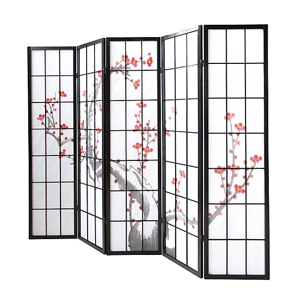 Paravent japonais fleur de cerisier en bois noir de 5 pans, L220 x H175 x P2 cm