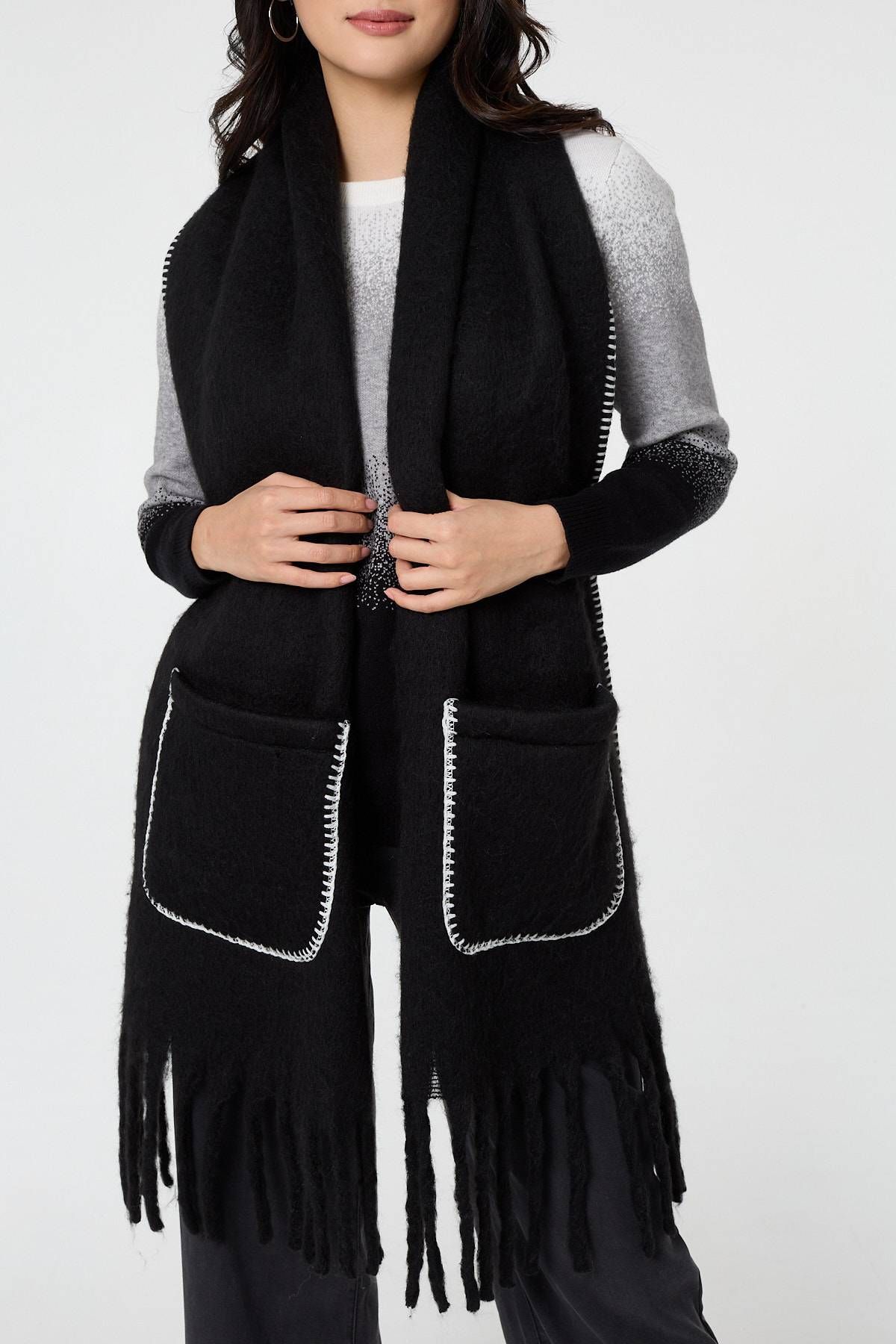 Izabel London Fringed Contrast Stitch Oversized Scarf