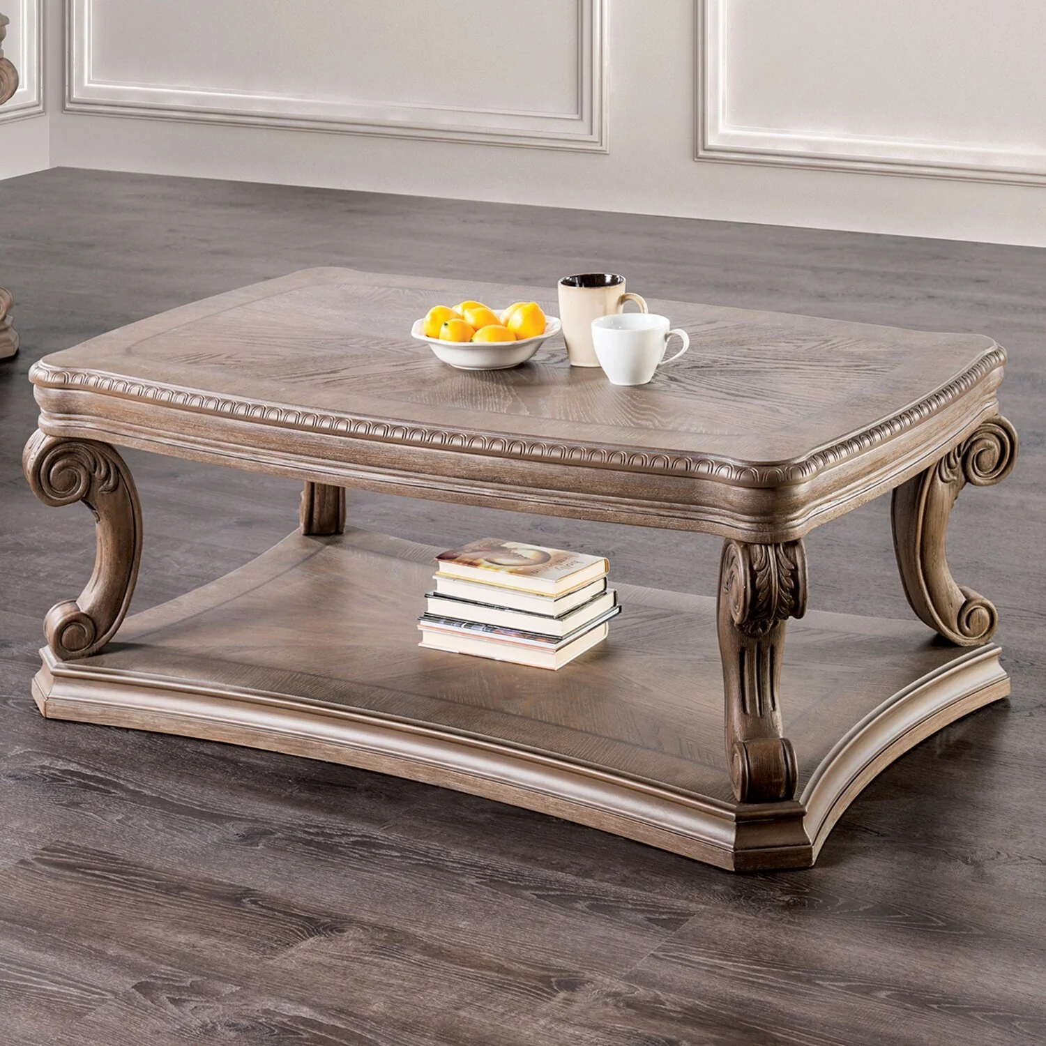 Wooden Coffee Table with Open Bottom Shelf in Weathered Oak