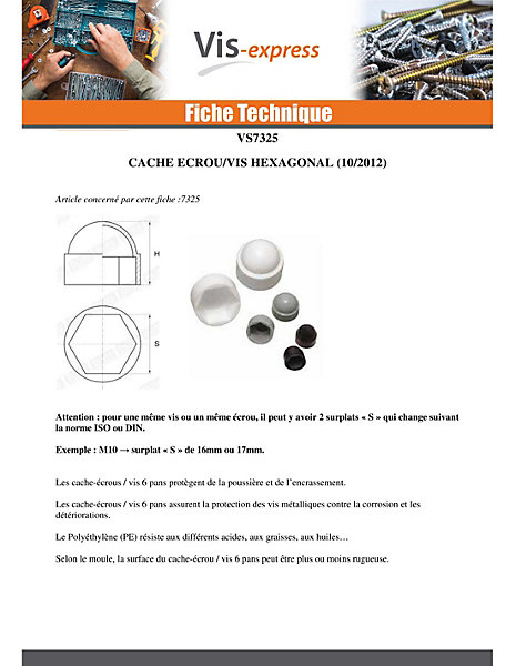 Cache Ecrou ou cache tête vis Tête hexagonale TH M5 nylon blanc Sur plat 8 - 1 pièce