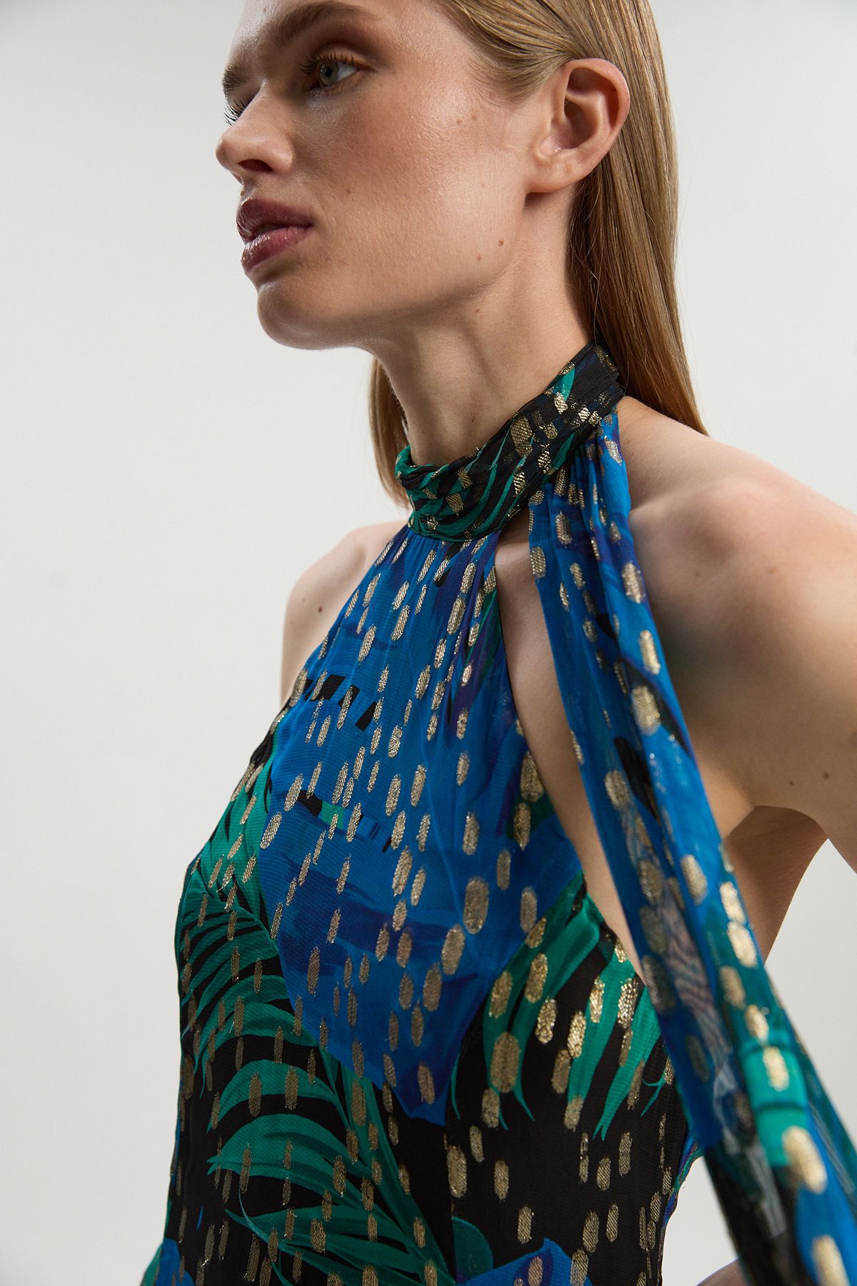 KarenMillen Viscose Metallic Palm Print Halter Neck Maxi Dress