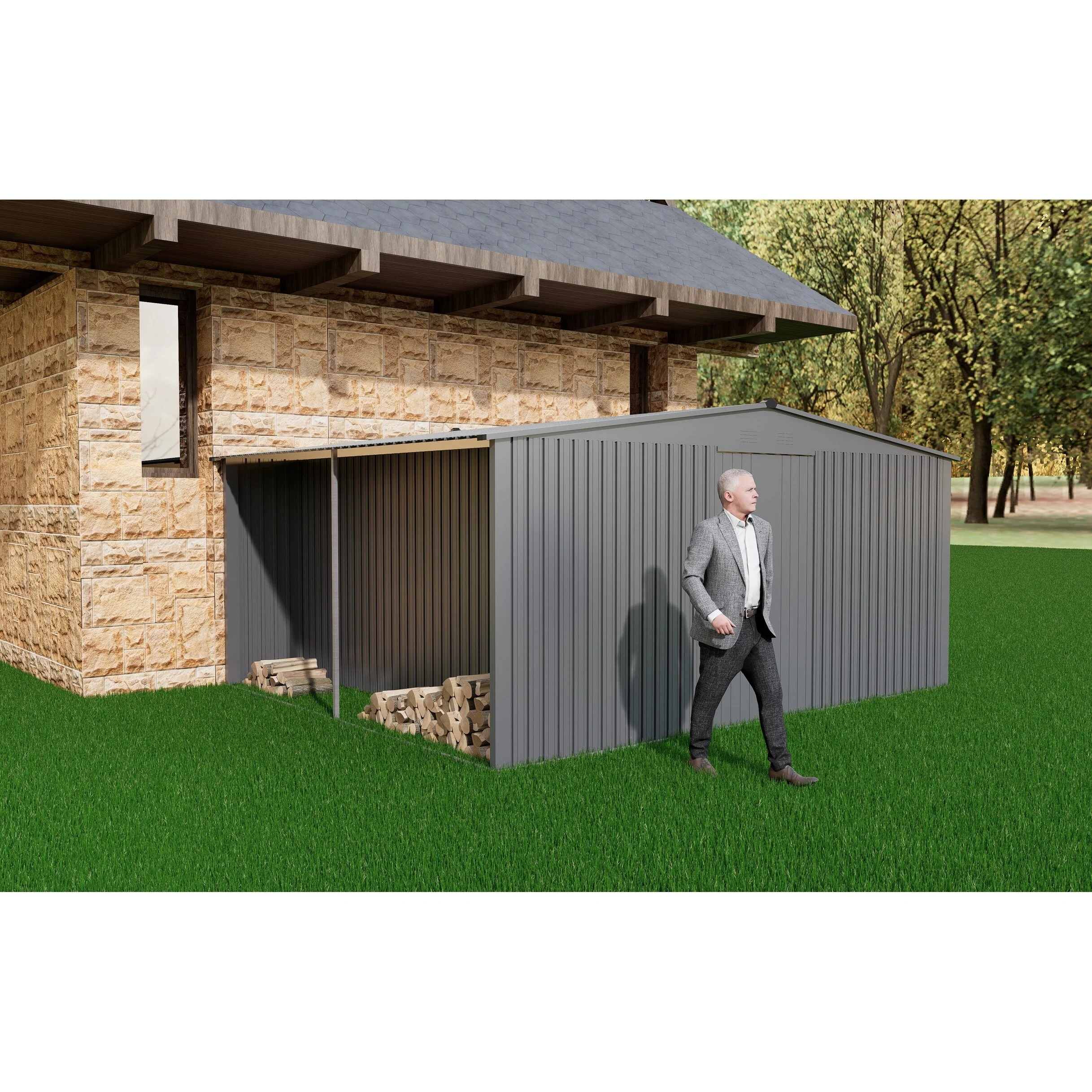 Outdoor Apex Roof Metal Storage Shed Firewood Shed with Integrated Punched Vents Garden Shed Tool Shed for Backyard