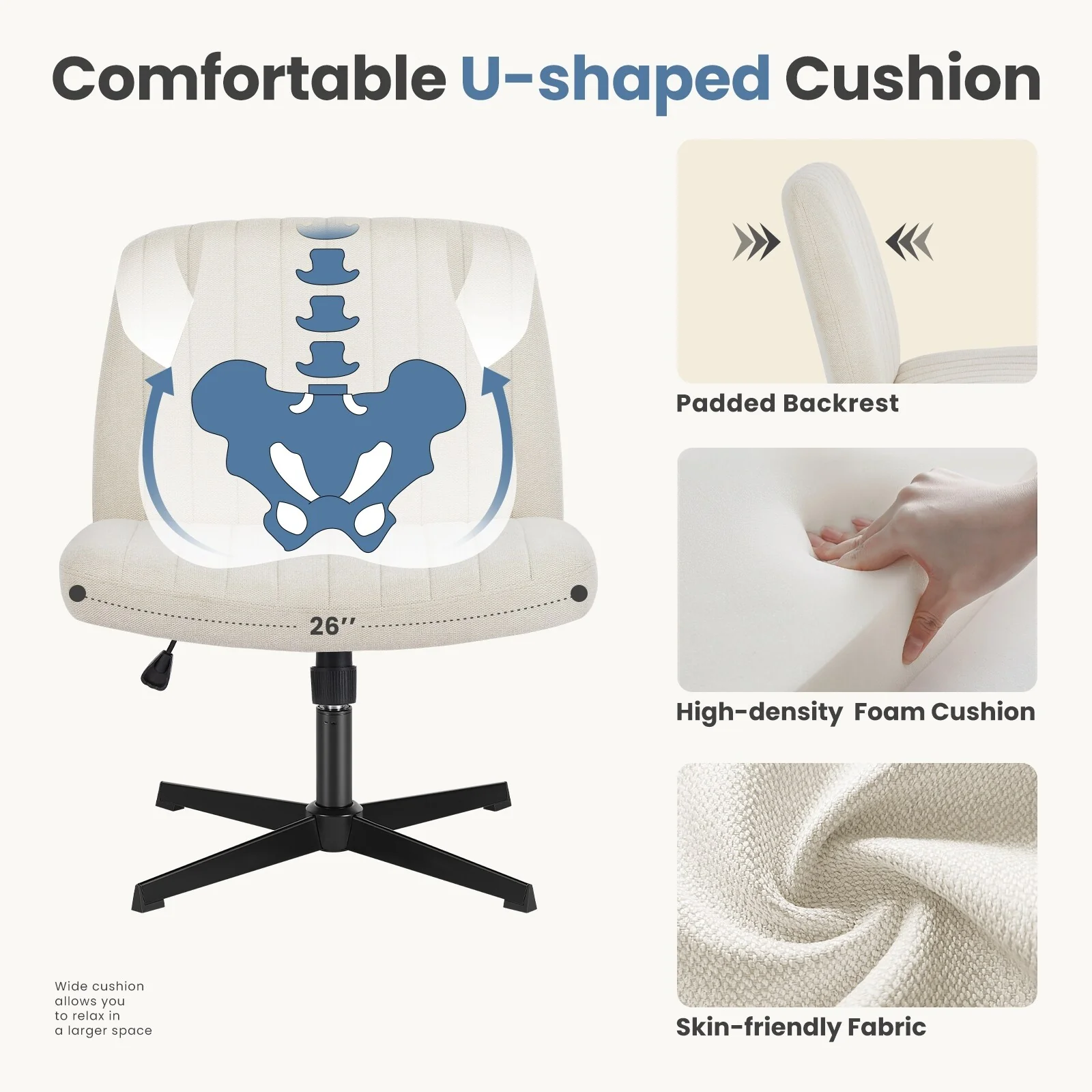 Armless Ergonomic Swivel Seat with Wide U-Shaped Backrest