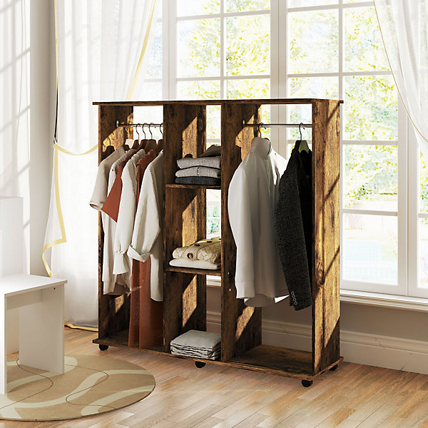 Armoire penderie meuble de rangement mobile 6 roulettes 120L x 40l x 128H cm panneaux de particules aspect bois vieilli