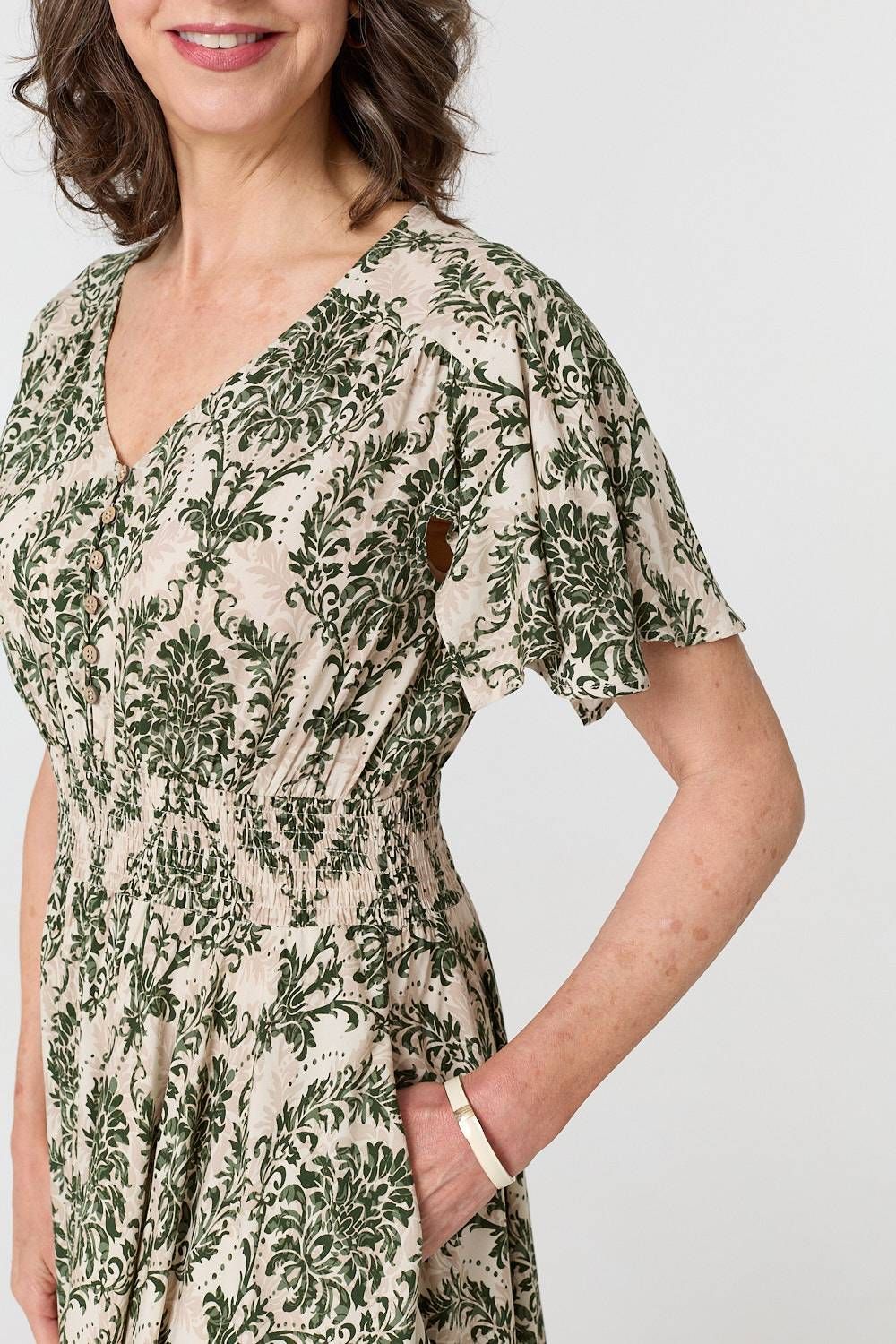 Izabel London Printed Smocked Short Sleeve Midi Dress