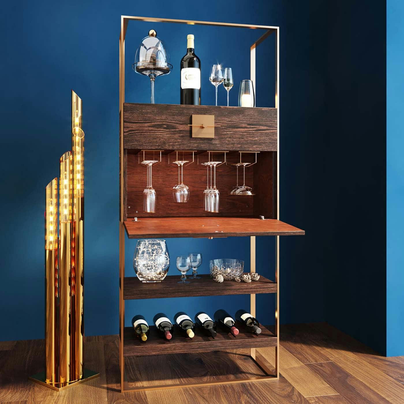 OSAKA - Etagère de bar rétro marron et acier doré