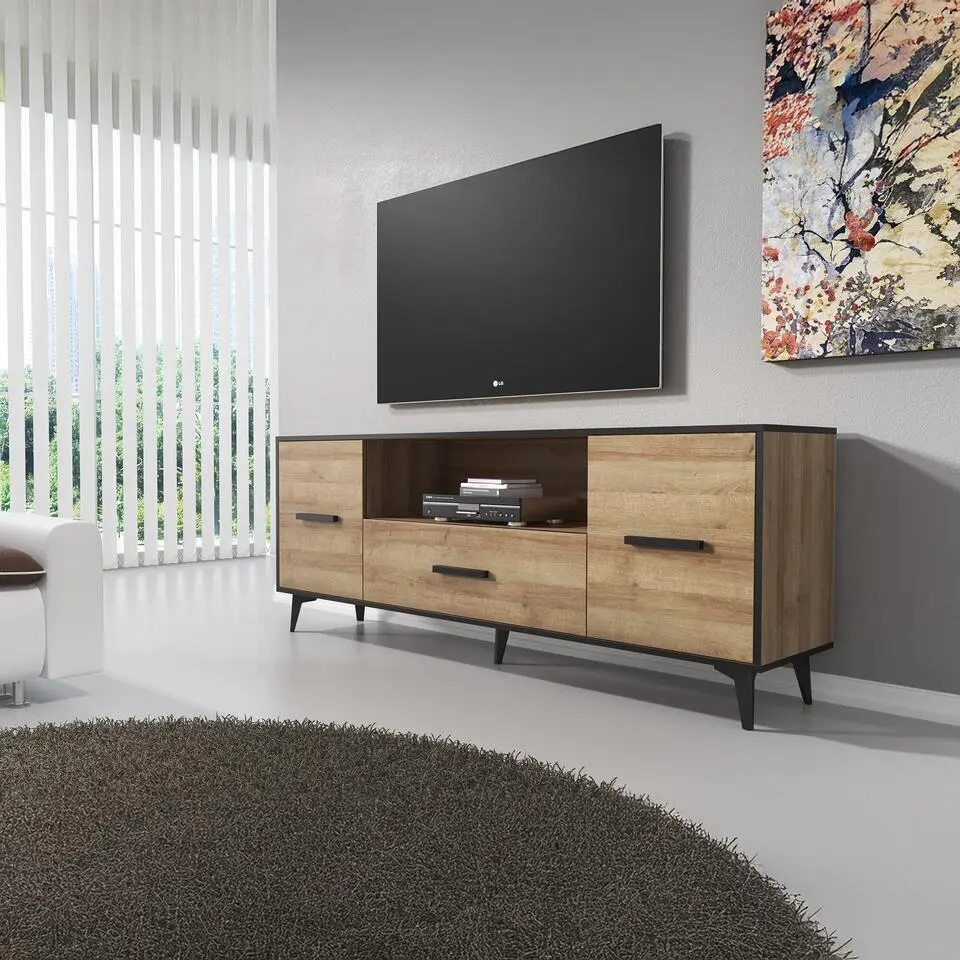 Meubella - TV-Meubel Frey - Licht eiken - Zwart - 179 cm