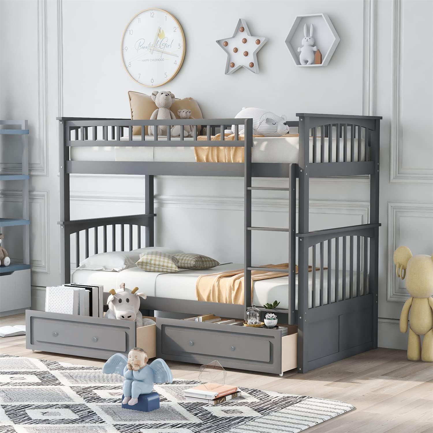 Merax Twin Over Twin Bunk Bed with 2 Storage Drawers and Ladder, Can be Devided into 2 Beds, No Spring Box Needed, Grey