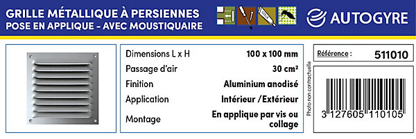 Grille d'aération alu Autogyre à persiennes avec moustiquaire brut 100 x 100 mm