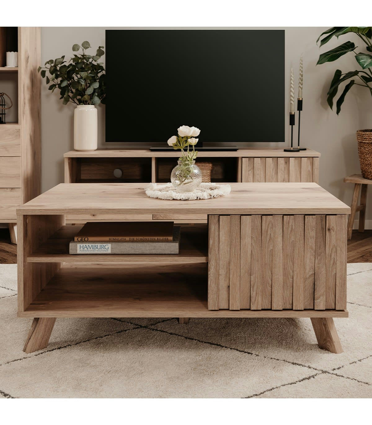 OPOLE - Table basse 2 abattants et 2 niches effet bois - L100 x H45 cm