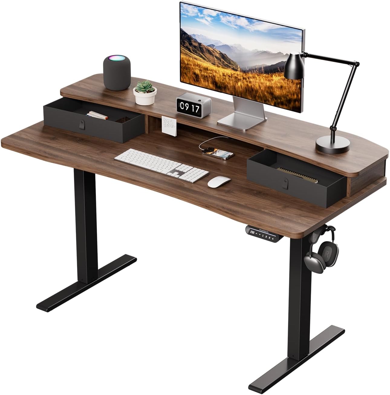 HUANUO 55 x 26 Electric Standing Desk with 2 Drawers, C-Clamp Mount Compatible, Height Adjustable Computer Desk, Home Office Stand Up Desk with 4 Preset Heights & 2 Hooks, Walnut