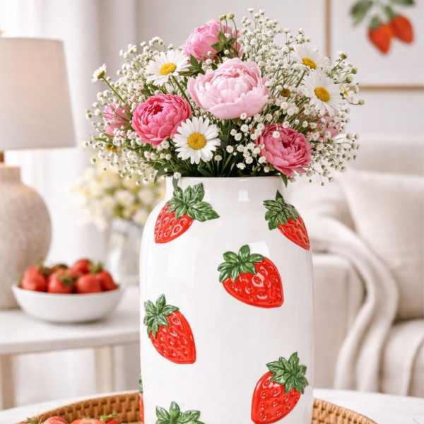 Ceramiczny wazon dekoracyjny z motywem truskawek 29 cm