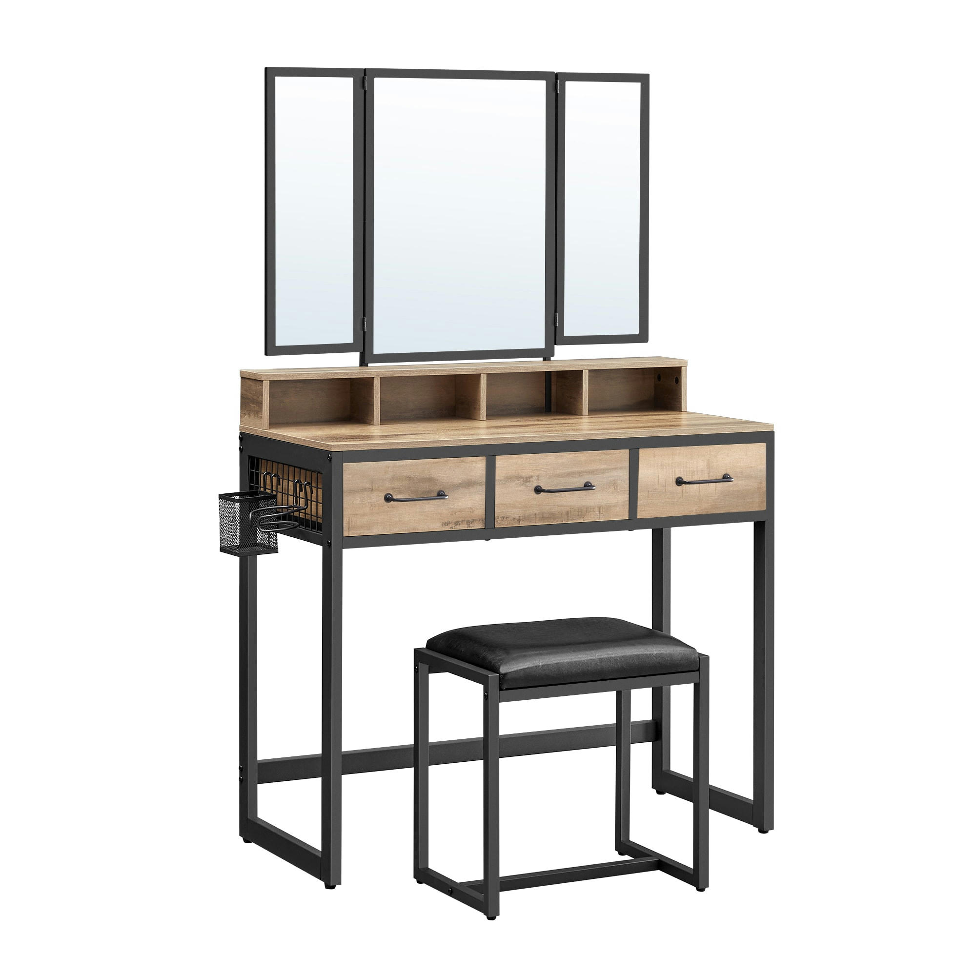 - Coiffeuse effet bois acier verre marron boisé et noir