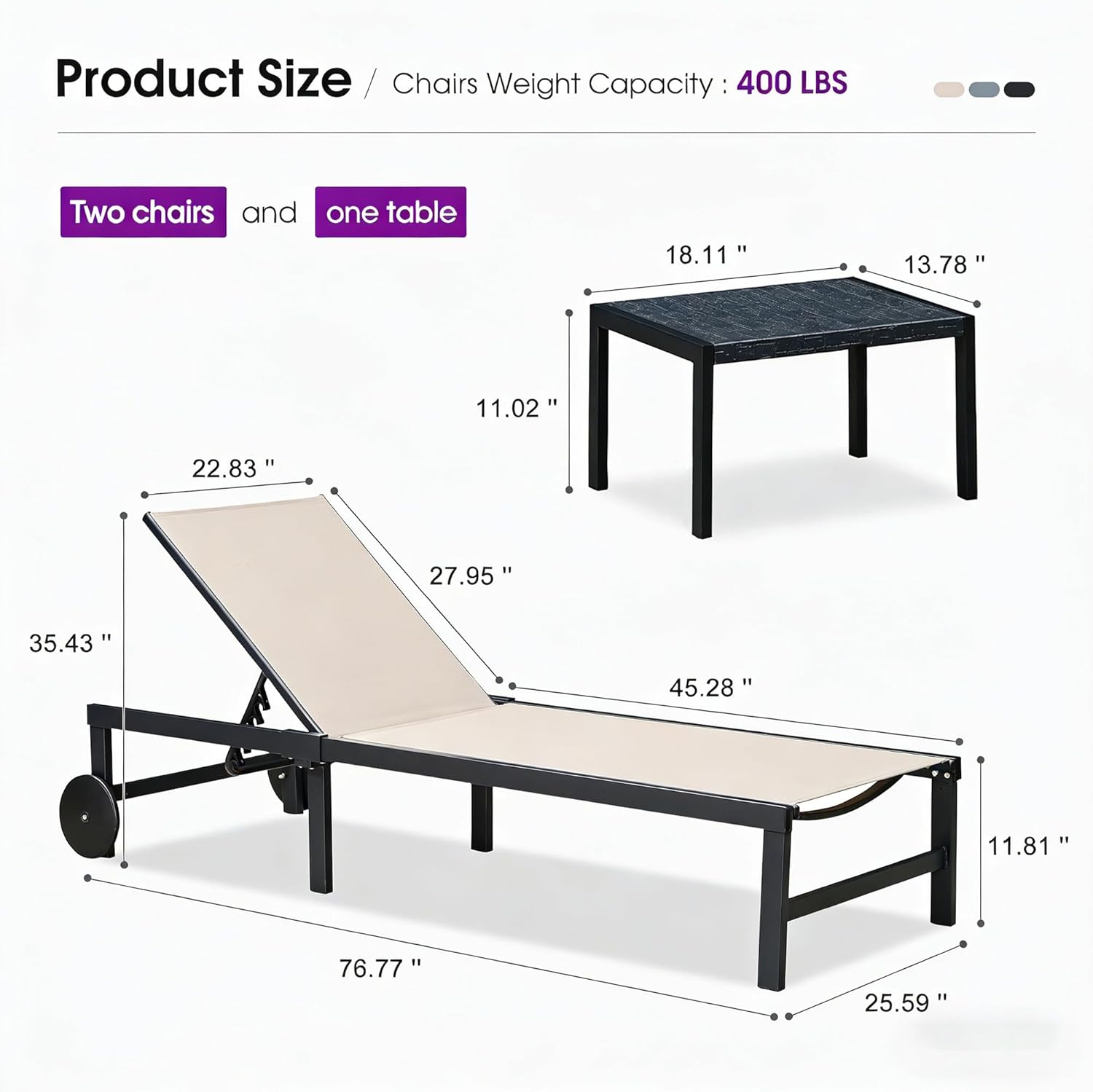 PURPLE LEAF Outdoor Chaise Lounge Chairs Set Recliner Aluminum Adjustable Chair with Wheels and Side Table for Poolside Beach Patio Sunbathing Lounger, Beige