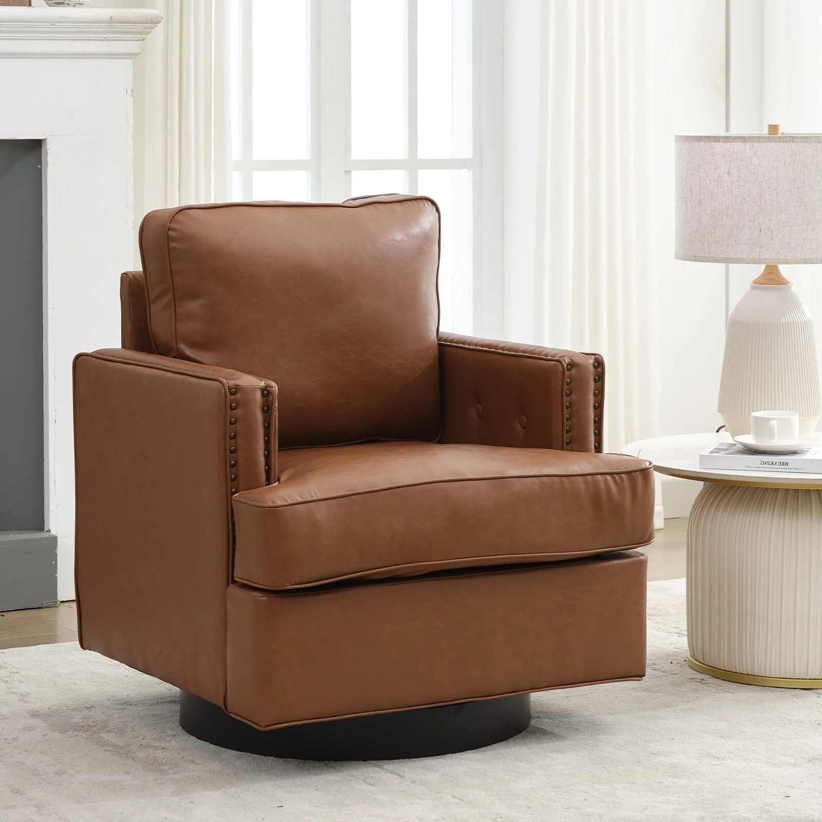 PU Leather Swivel Accent Chair with Thick Cushions and Nailheads Upholsery