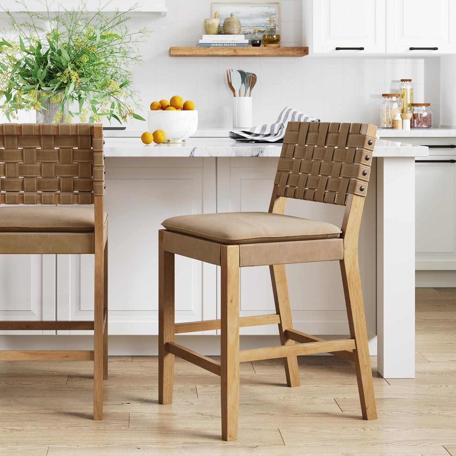 Nathan James Cohen Mid-Century Modern Leather Bar Stool, Counter Height Chair in Solid Wood Frame with Footrest and Woven Leather Back for Kitchen, Natural Brown, 1 count, Barstool - 24
