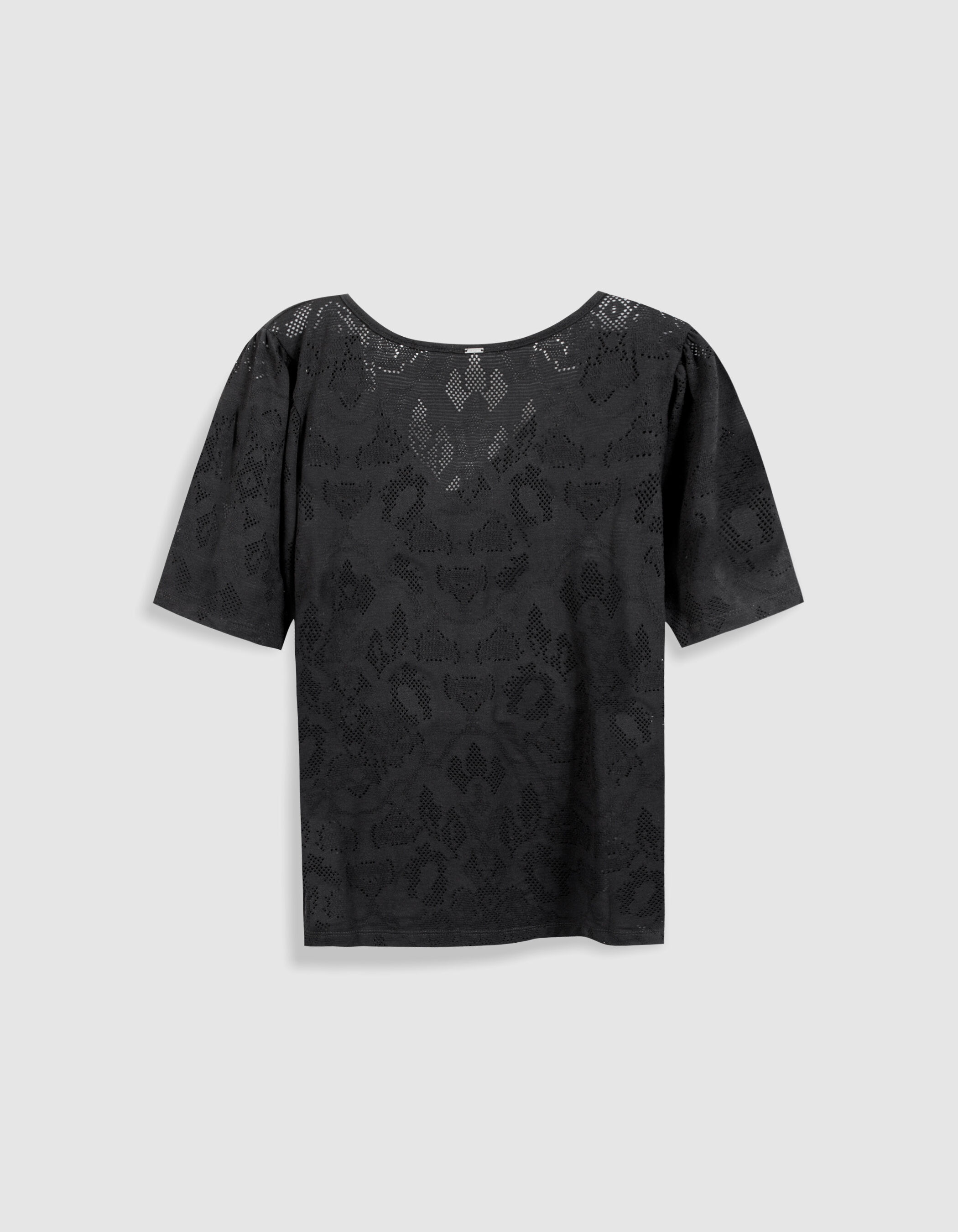 Tee-shirt manches courtes noir ajouré Femme