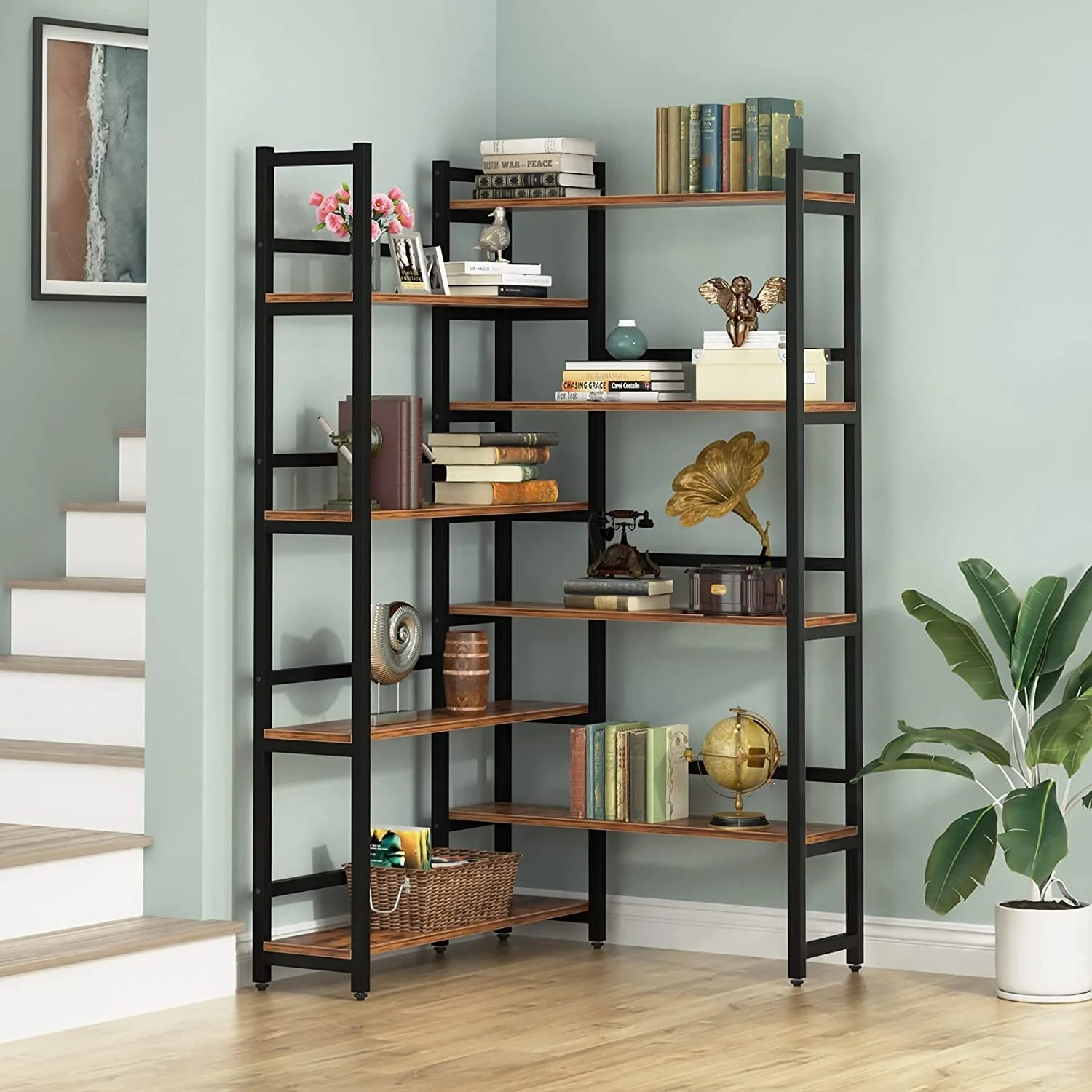 Corner Bookshelf 8-Tier Industrial Bookcase