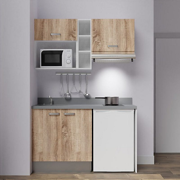 Kitchenette K13 - 140 cm - façades Bois - Plan monobloc en quartz coloris Cromo évier à gauche
