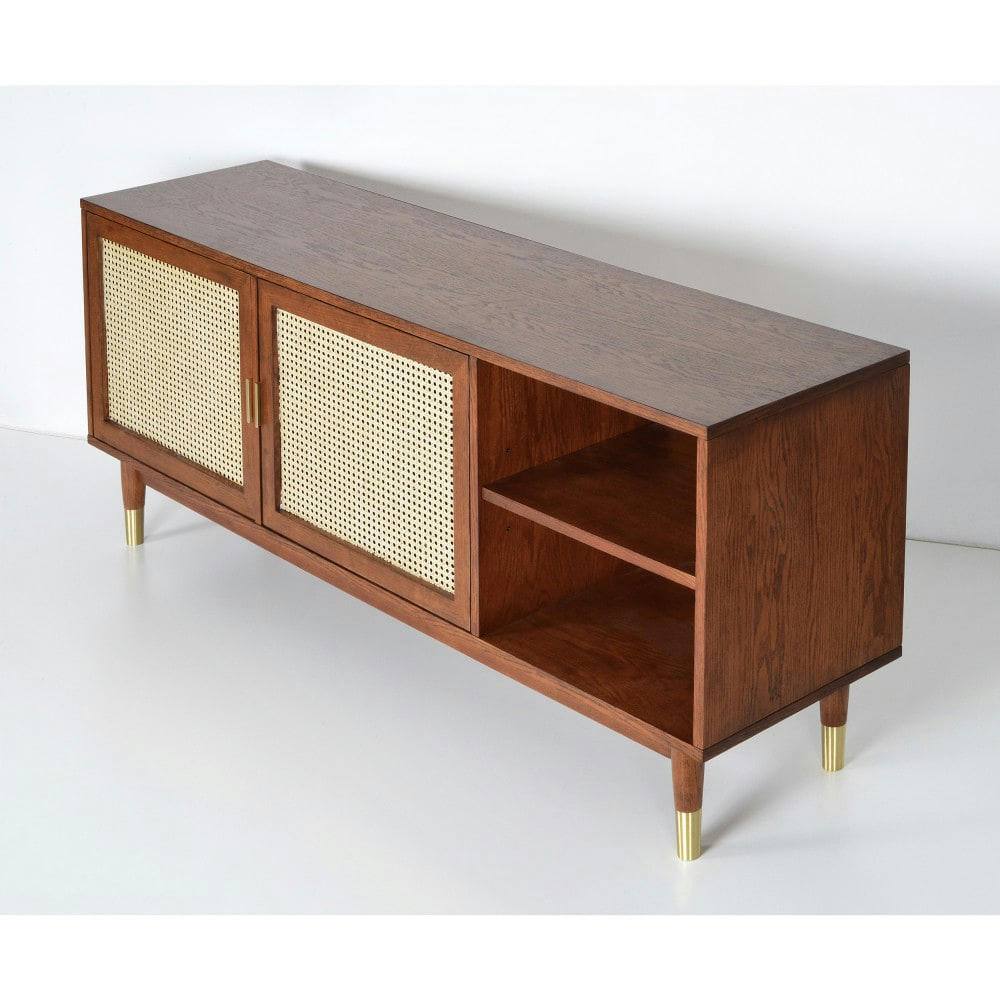 HOGARN - Meuble TV design 2 portes bois et cannage bois foncé