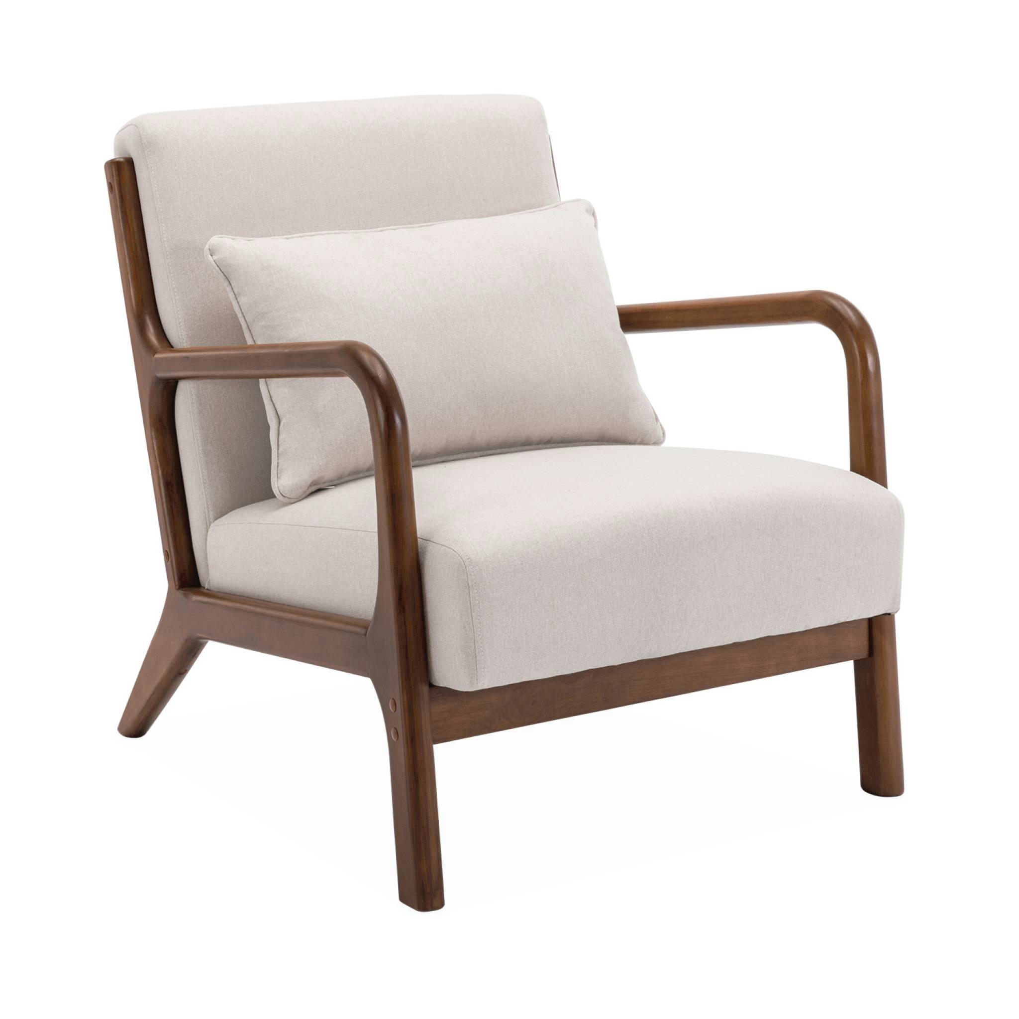 LORENS - Fauteuil tissu beige , bois d'hévéa teinté noyer