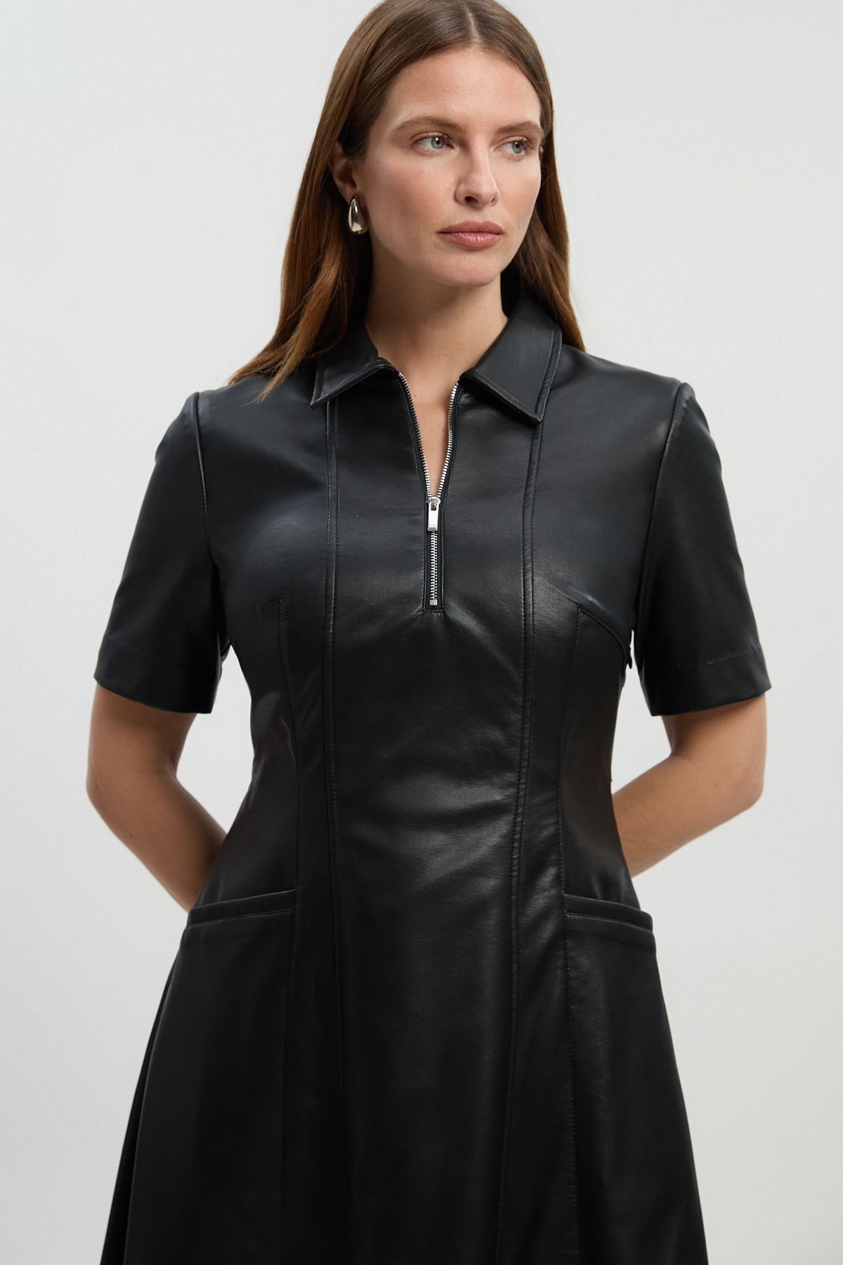 KarenMillen Faux Leather Collared Midi Shirt Dress