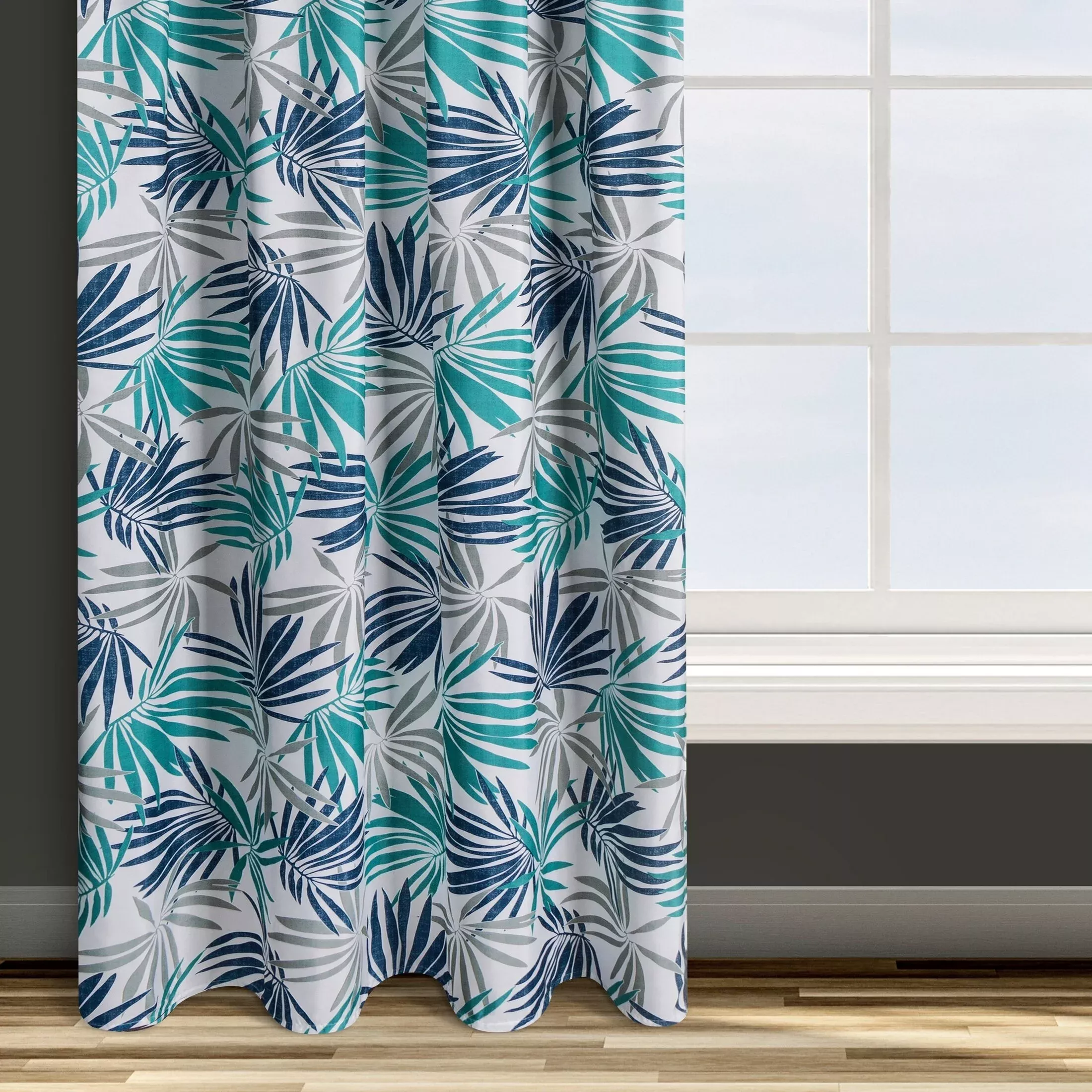 Zasłona biało, turkusowa we wzór liści 140x270 cm taśma - ELINA - Design 91