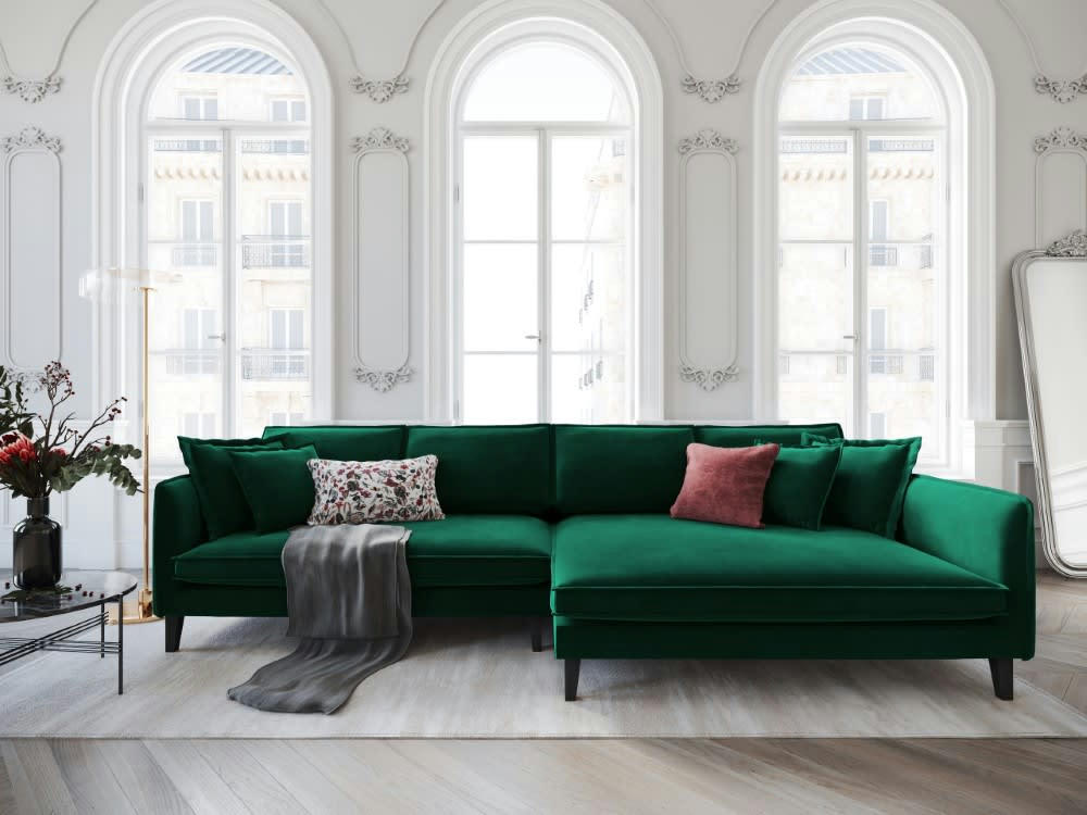 PROVENCE - Canapé d'angle 4 places en velours vert bouteille